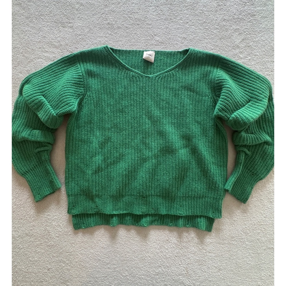 (nude) Kelly Green 100% Wool Chunky Ribbed Distressed V-Neck Sweater Size 10